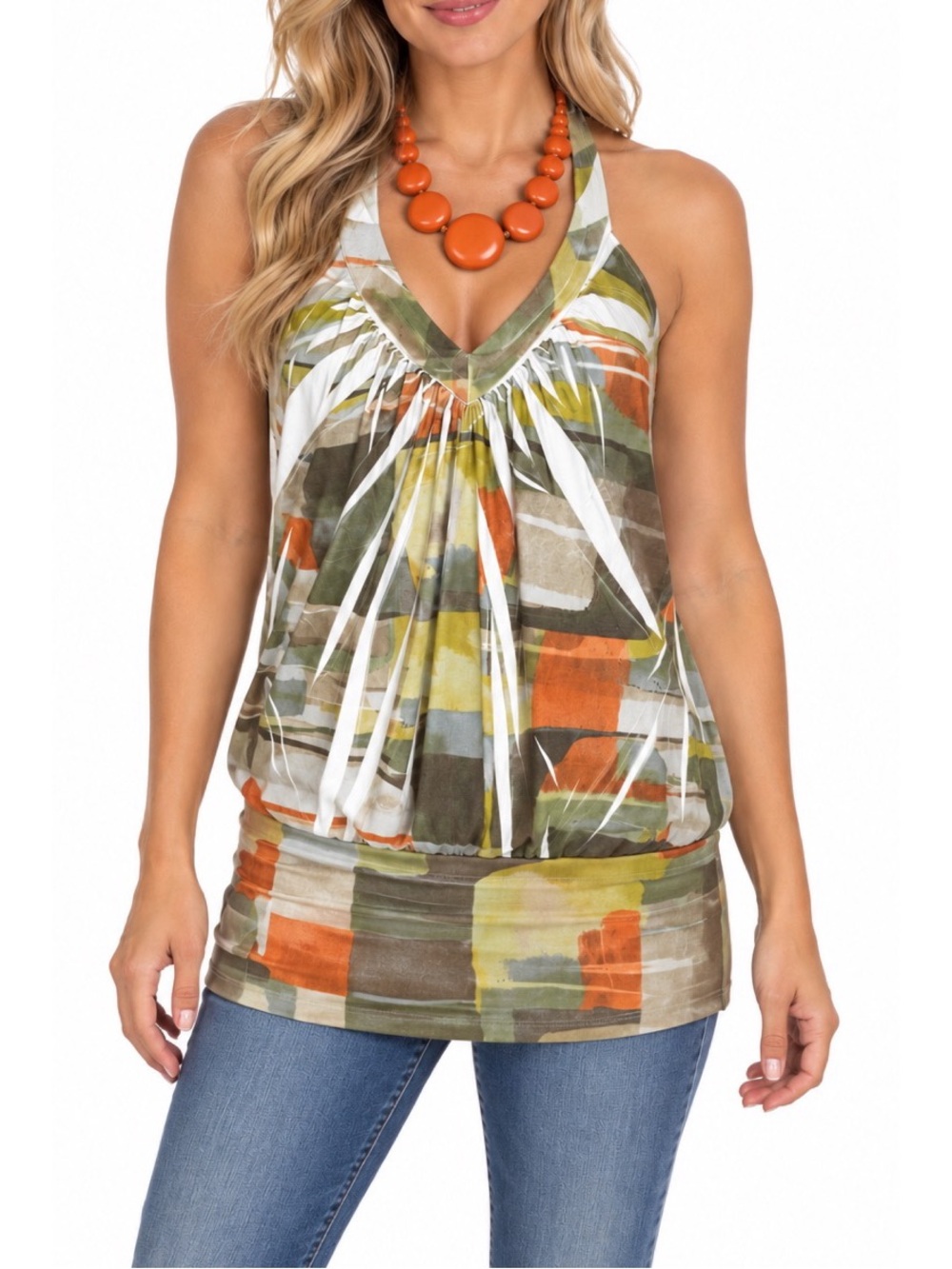 P.O.P abstract-print halter top featuring an earthy mix of olive orange & white